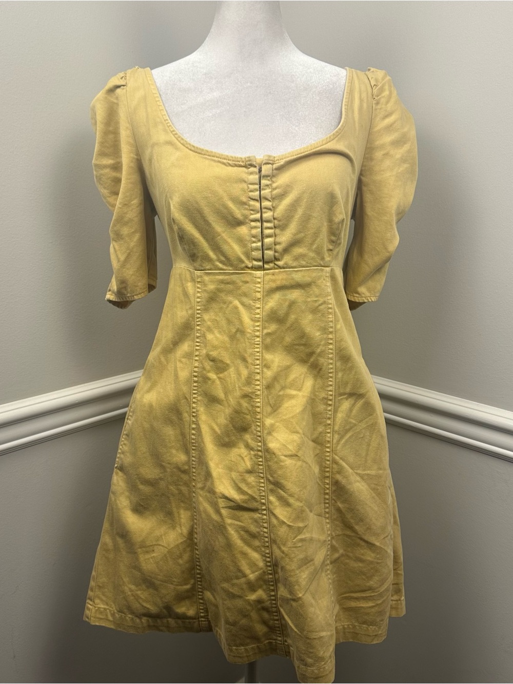 Free People Yellow Puff-Sleeve Mini Dress XS
